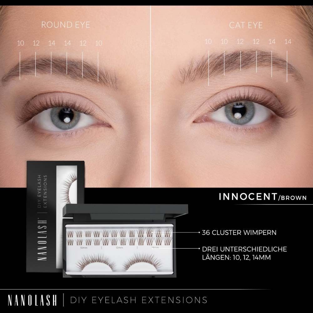 Gros plan sur les yeux avec extensions de cils. Emballage ouvert avec cils. Texte : Nanolash, Innocent/Brown, 36 cils en grappes.