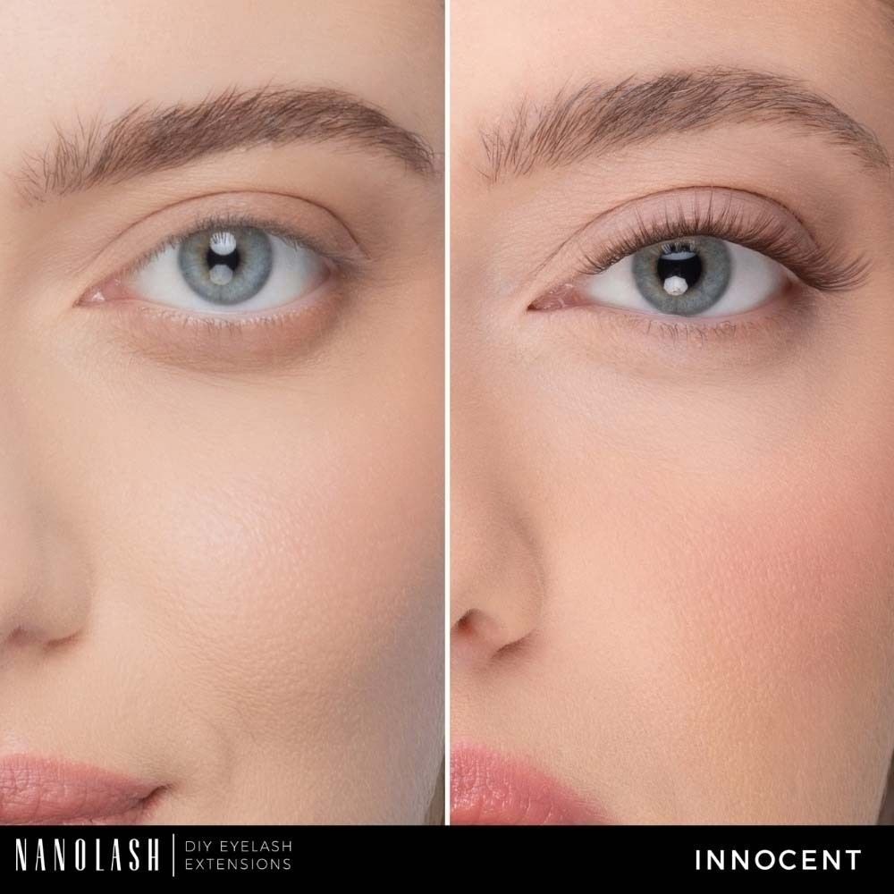 Gros plan d'un œil avant et après l'application d'extensions de cils Nanolash. Différence notable de longueur et de volume.