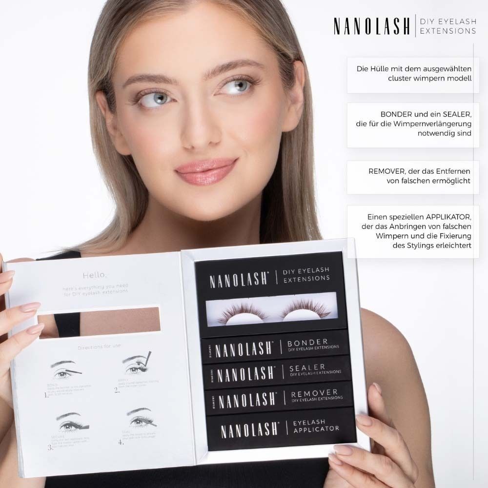 Femme tenant le kit d'extensions de cils Nanolash DIY. Contient cils, colle, scellant, démaquillant et applicateur. Nom du produit visible.