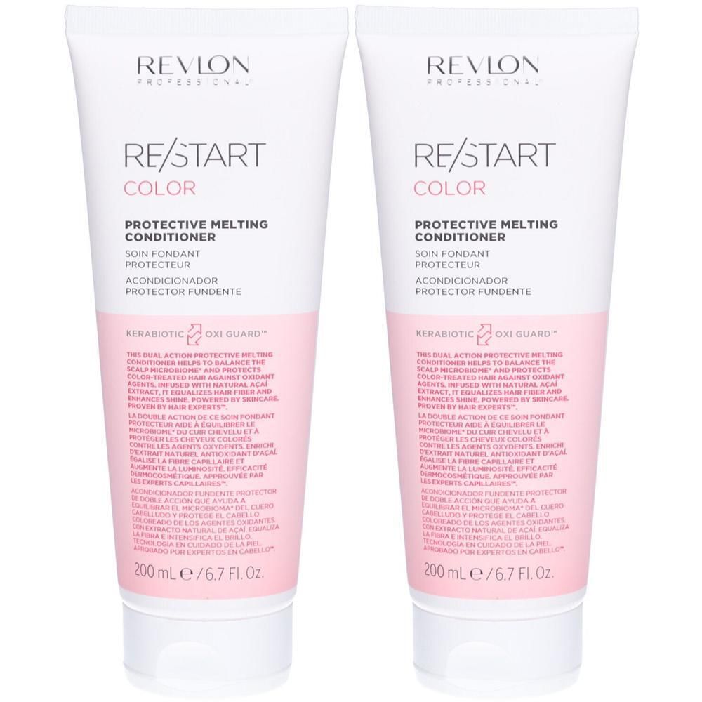 Deux tubes de RE/START Color Protective Melting Conditioner. Emballage blanc et rose avec texte. 200 ml.