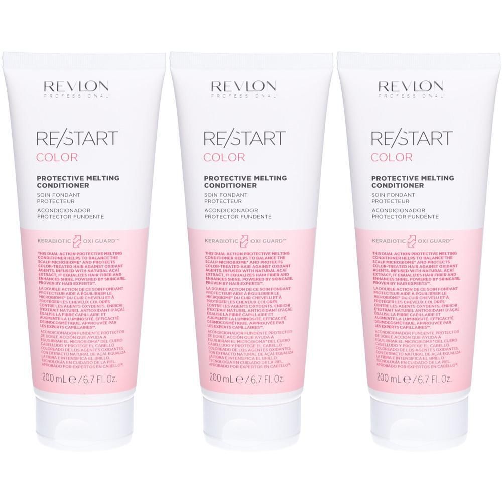 Trois tubes de RE/START Color Protective Melting Conditioner. Tubes blancs avec section rose. Texte: REVLON, RE/START, COLOR, Conditioner.
