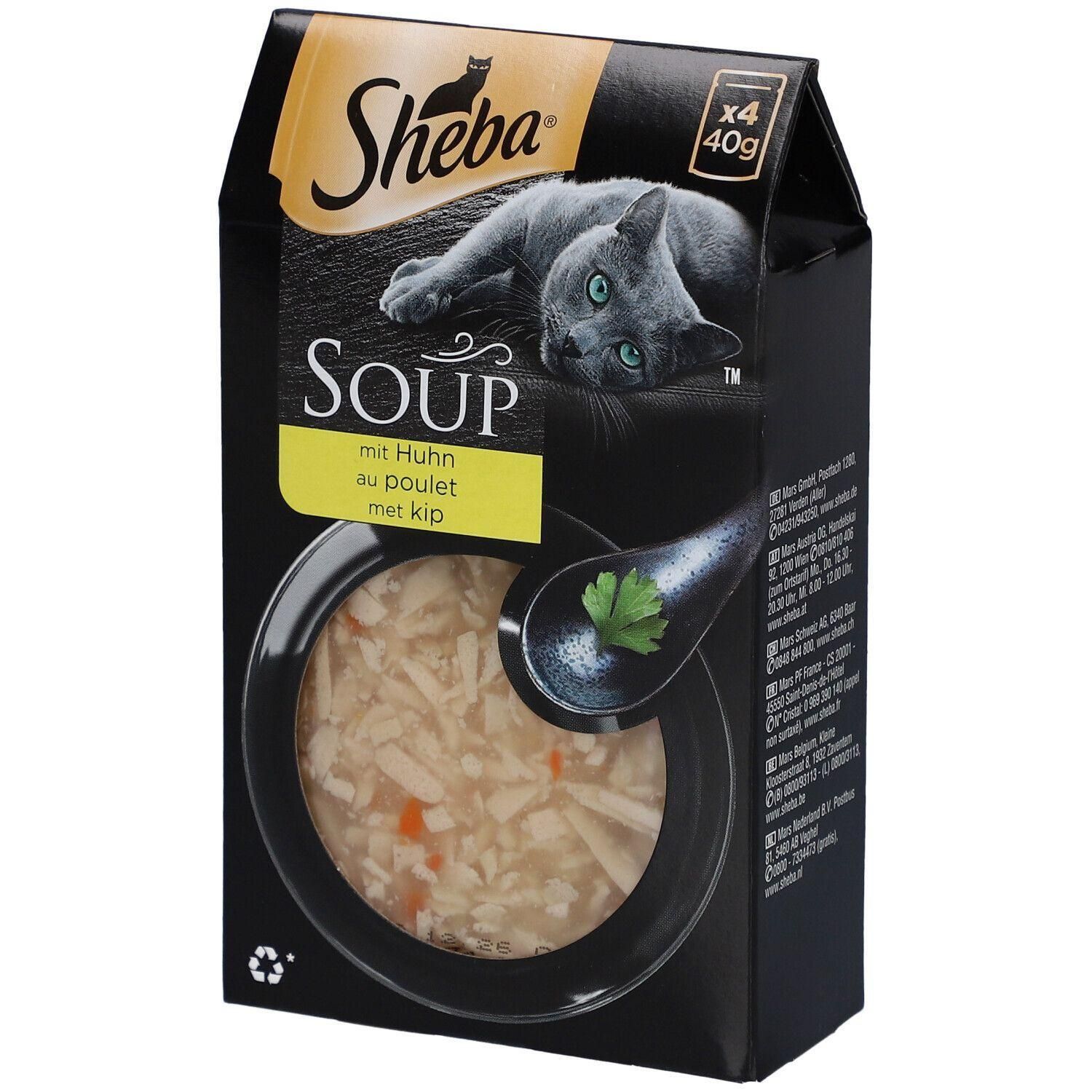 Emballage noir Sheba avec chat et texte SOUP, au poulet. Contient 4 sachets de 40g. Représentation d'une soupe au poulet.