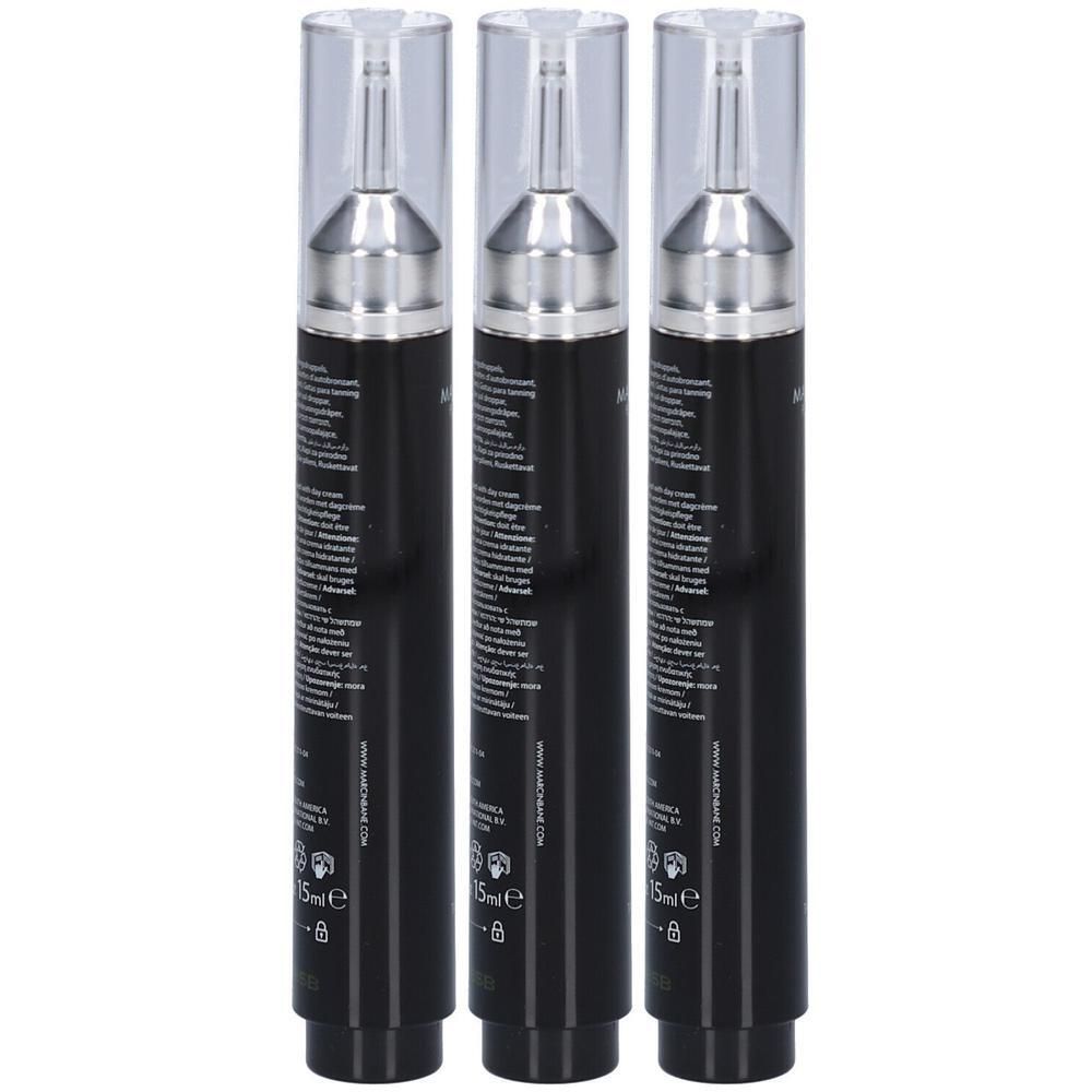 Drei schwarze Flaschen mit Applikator und transparenter Kappe, jeweils 15ml.