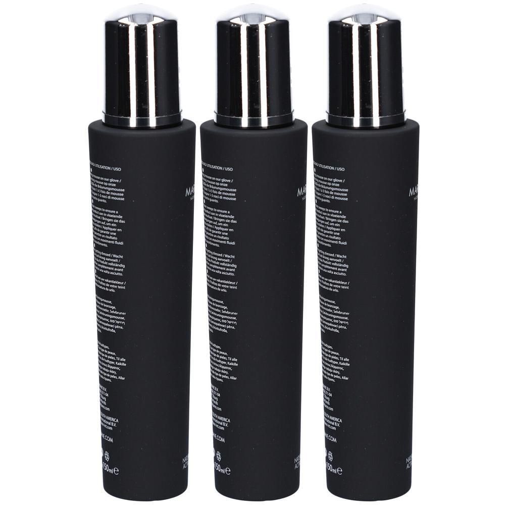 Drei schwarze Flaschen mit silbernen Kappen, die Marc Inbane Natural Tanning Mousse enthalten.