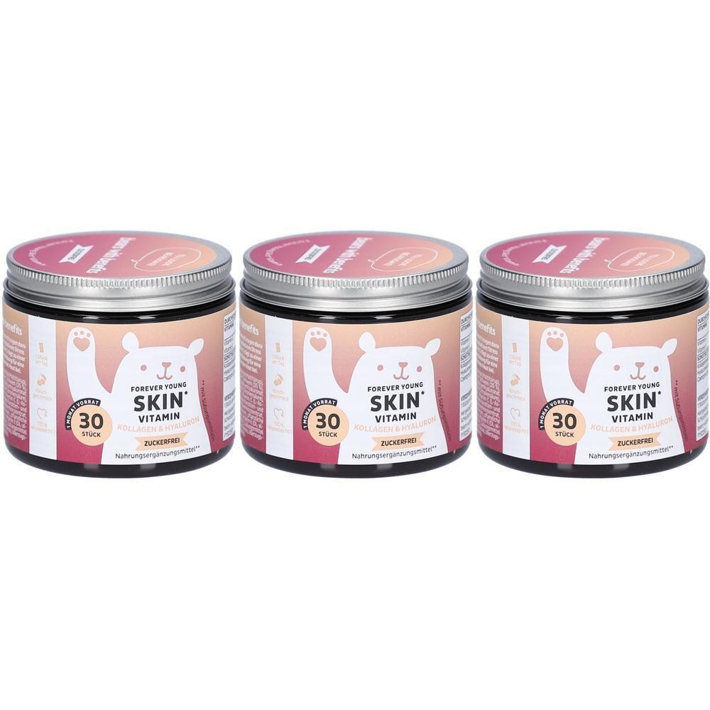 Drei Dosen Forever Young Skin Vitamin. Jede Dose hat einen Deckel und ein Etikett mit Text und einem Bären-Design. Auf jeder Dose steht "30 Stück".