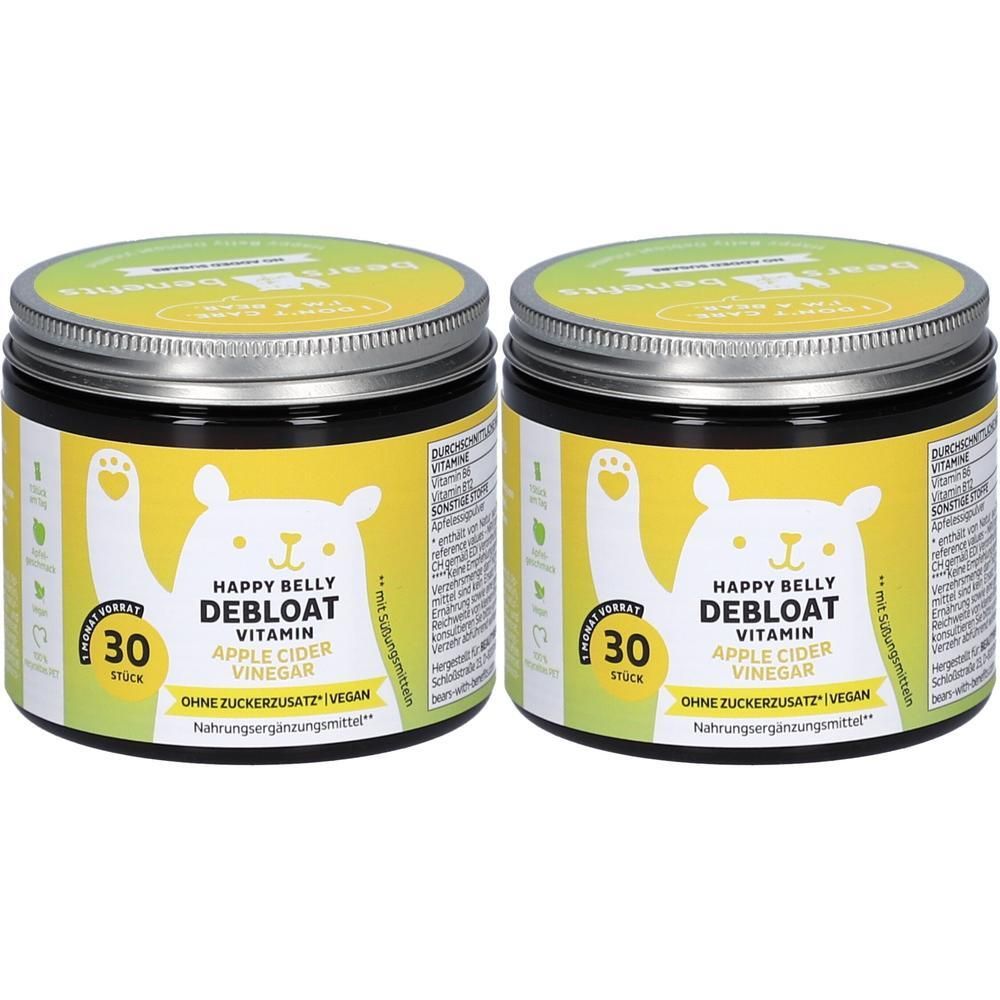 Deux pots de BEARS WITH BENEFITS Happy Belly Debloat, gommes vinaigre de cidre, 30 pièces chacun.