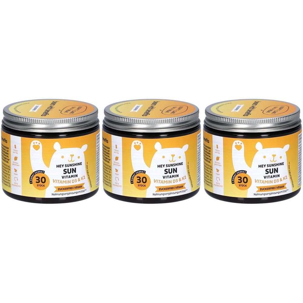 Trois boîtes avec couvercles. Sur chaque boîte : Hey Sunshine Sun Vitamin D3 & K2, 30 pièces, sans sucre.