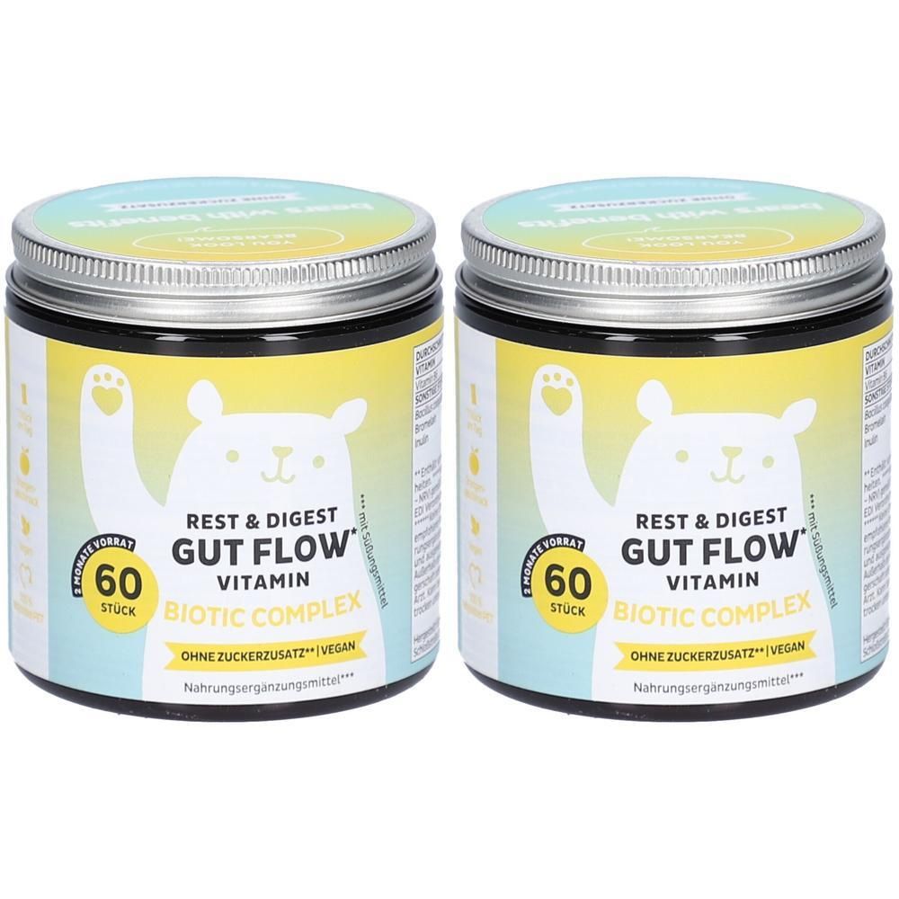 Zwei Dosen Bären mit Vorteilen Rest & Digest Gut Flow Vitamin Biotic Complex, 60 Stück pro Dose.