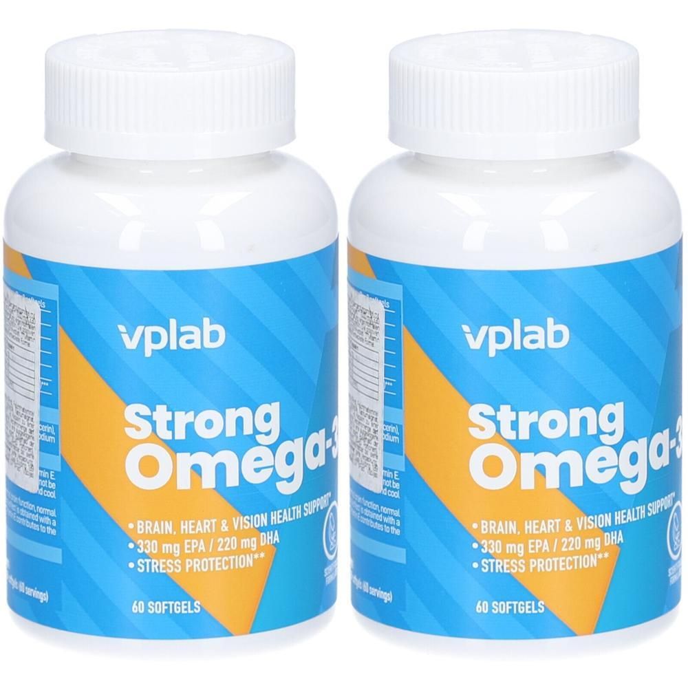 Zwei weiße Flaschen mit blauen und gelben Etiketten. Aufschrift: Strong Omega-3, 40 Softgels. Marke: vplab.