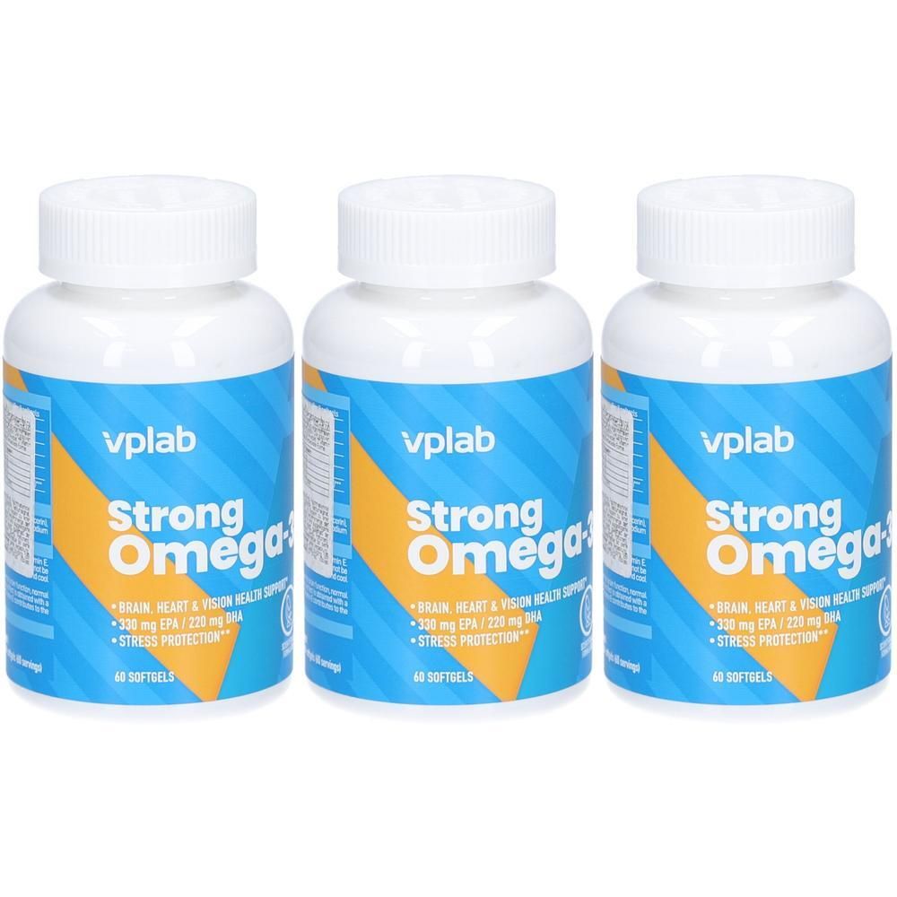 Drei Flaschen mit weißen Deckeln. Auf den Etiketten steht "vplab Strong Omega-3". Blaue und gelbe Elemente.