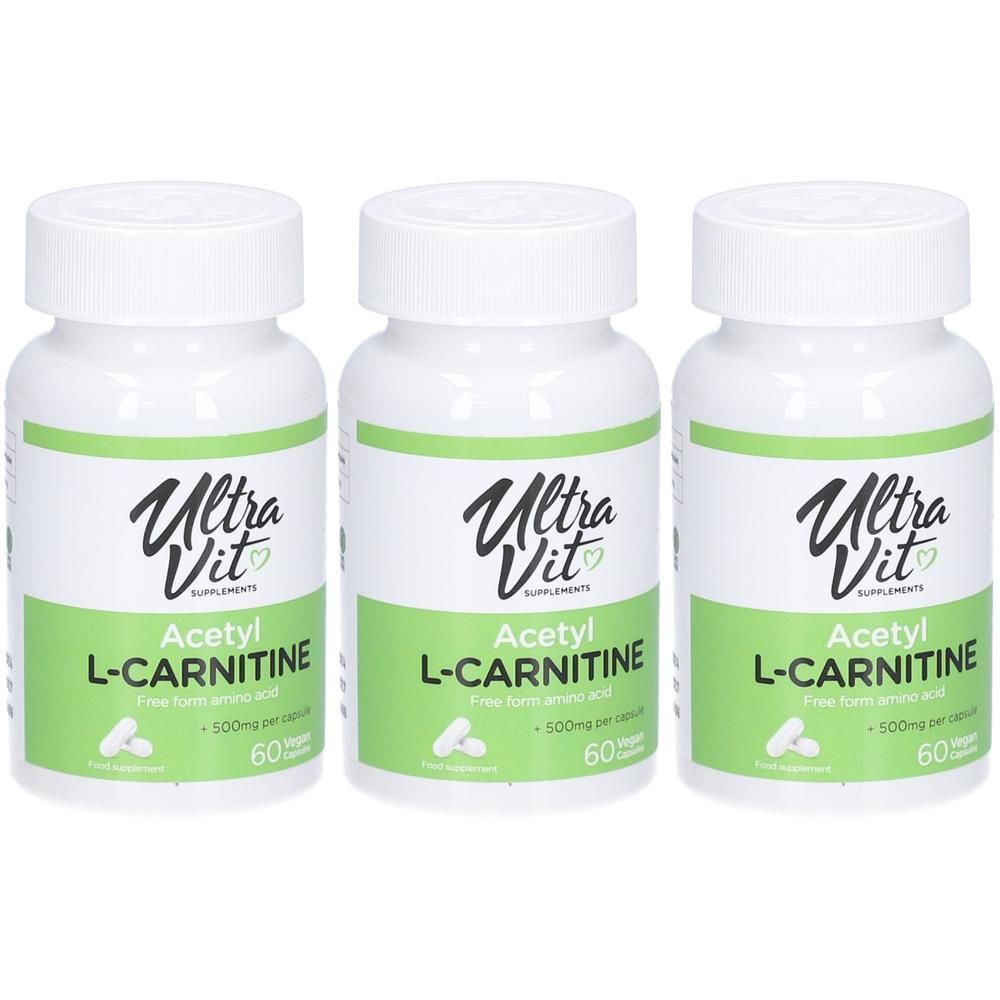 Drei weiße Flaschen mit grünem Etikett. Aufschrift: Ultra Vit, Acetyl L-Carnitine, 60 Kapseln. Vegan.