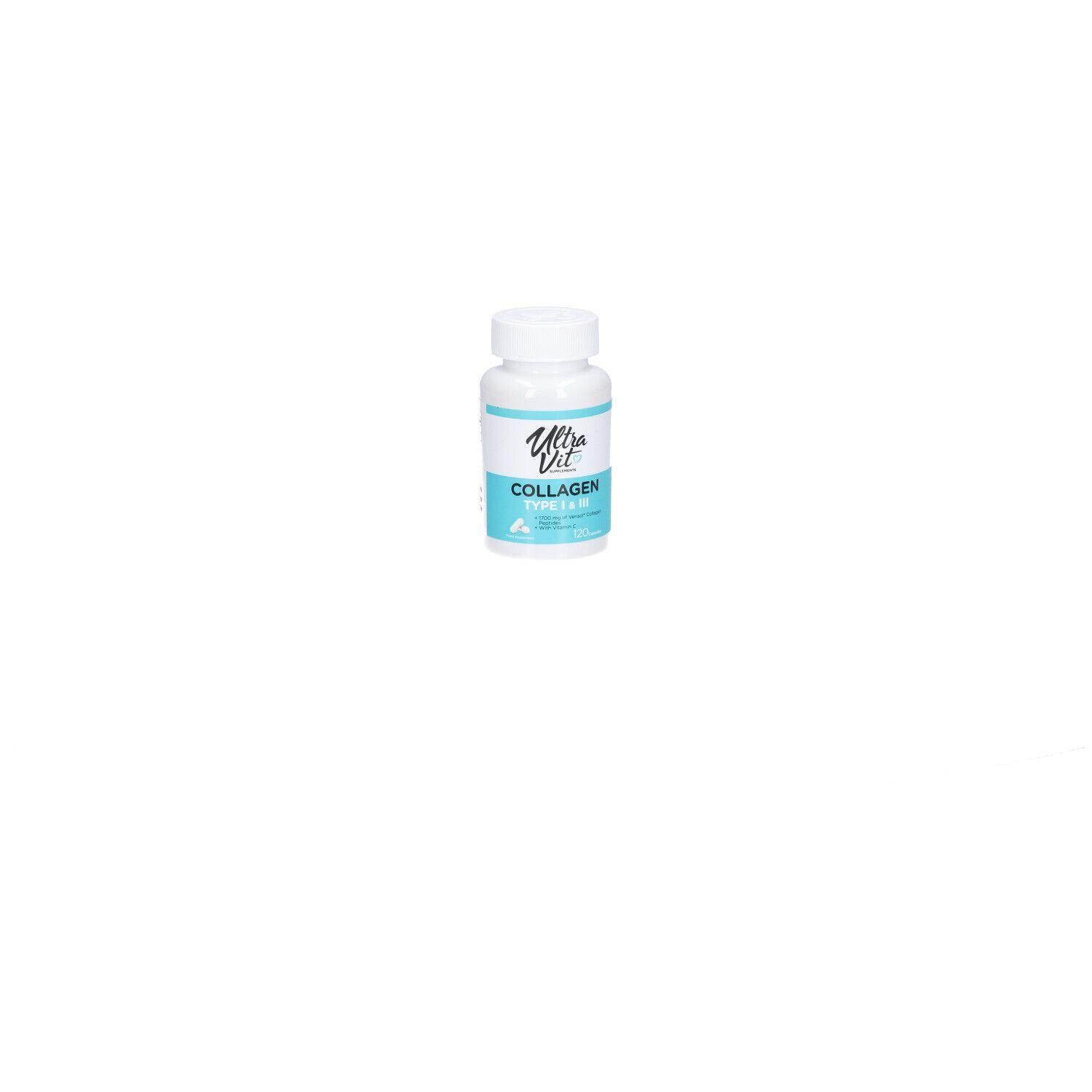 Weiße Flasche mit blau-weißem Etikett. Aufschrift: Ultra Vit Collagen Type I & III.