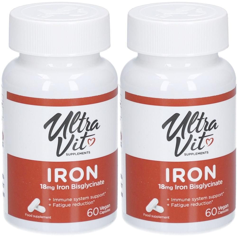 Zwei weiße Flaschen mit rotem Etikett. Aufschrift: Ultra Vit, Iron, 18mg Iron Bisglycinate, 60 Kapseln. Vegan.