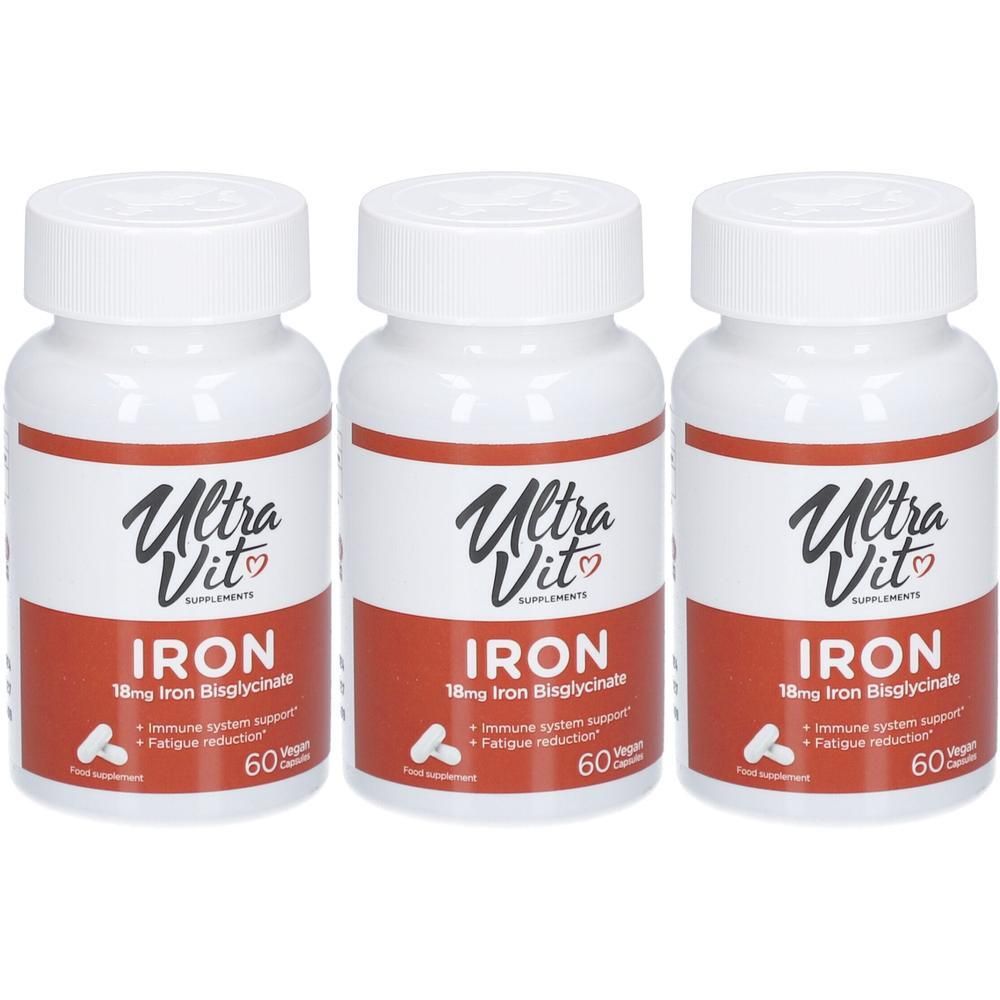 Drei weiße Flaschen mit roter Beschriftung. Auf jeder Flasche steht "Ultra Vit" und "IRON". Enthält 60 Kapseln. Vegan.