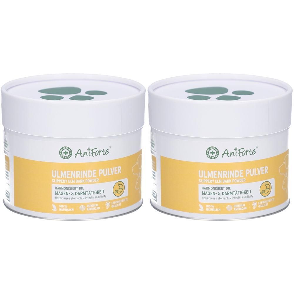 Deux boîtes blanches avec étiquettes jaunes. Inscription : Ulmenrinden Pulver, AniForte. Harmonise l'activité gastrique et intestinale. Couvercles avec symboles verts.
