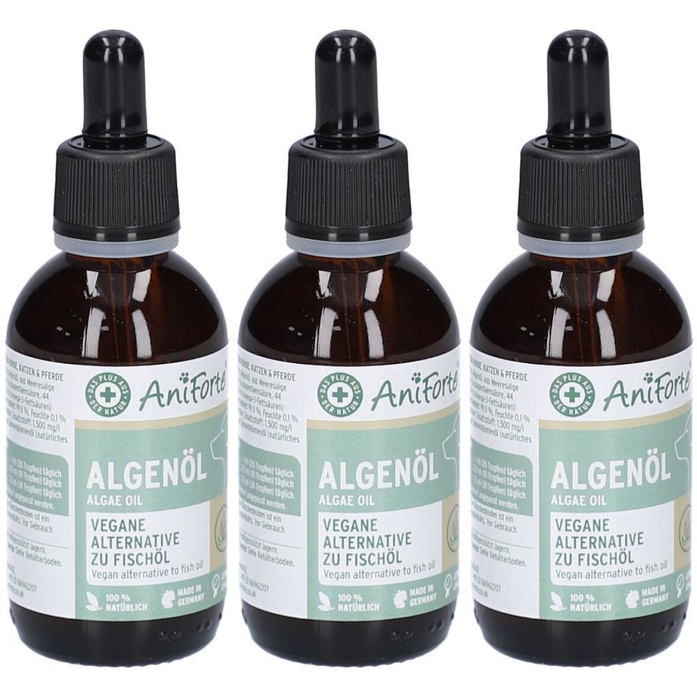 Trois flacons en verre brun avec des pipettes noires. Les étiquettes indiquent "ALGENÖL" et "VEGANE ALTERNATIVE ZU FISCHÖL".