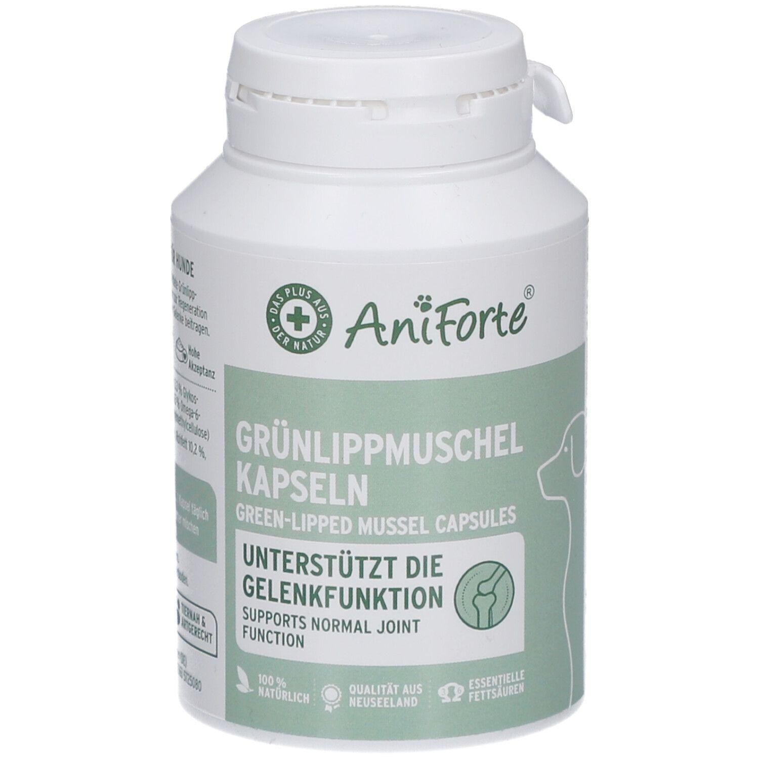 Weiße Flasche mit AniForte-Etikett. Grünlippmuschel Kapseln. Unterstützt die Gelenkfunktion. Mit Logo und Text in deutscher und englischer Sprache.
