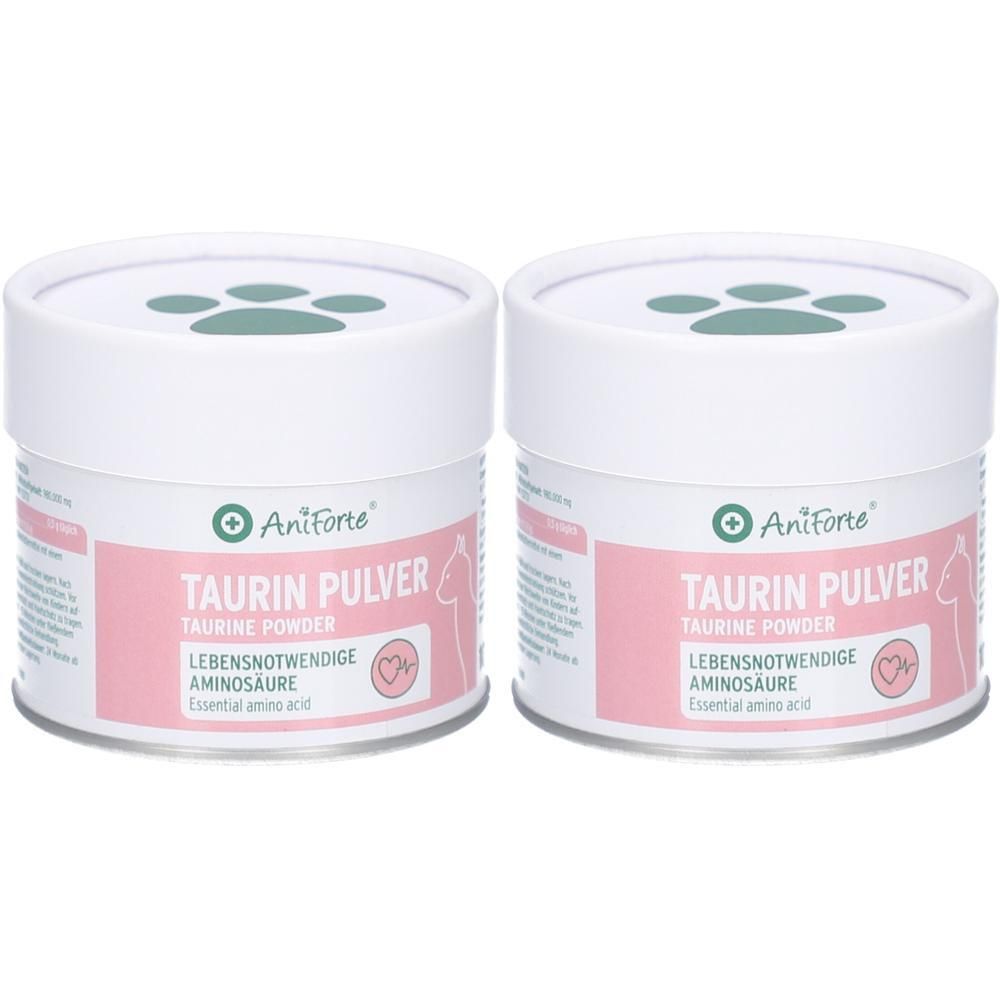 Zwei weiße Dosen mit rosa Etiketten. Aufschrift: Taurin Pulver, AniForte. Deckel mit Pfotenabdruck. Ergänzungsmittel für Katzen.