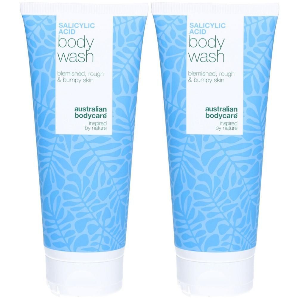 Zwei Tuben Body Wash. Aufschrift: Salicylsäure, für unreine, raue Haut. Marke: Australian Bodycare.