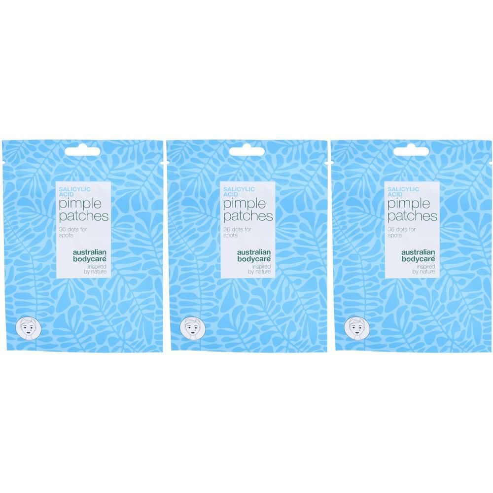 Drei Packungen Australian Bodycare Pickel-Pflaster mit Salicylsäure. Hellblaue Verpackung mit Blattmuster.