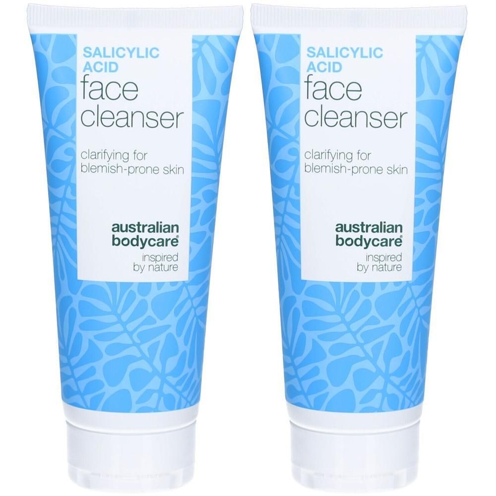 Zwei Tuben Gesichtsreiniger. Blaue Verpackung mit weißer Schrift: Salicylsäure, Face Cleanser. Marke: Australian Bodycare.