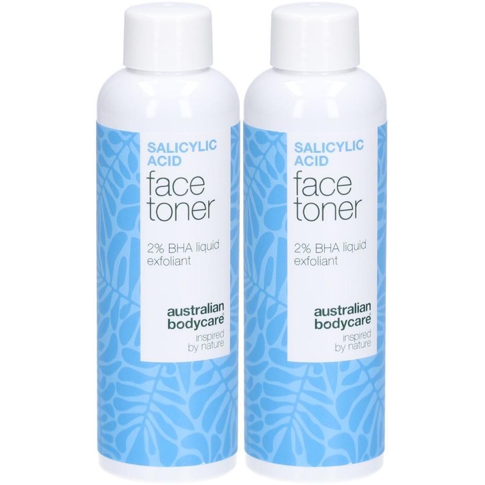 Zwei weiße Flaschen mit blauem Etikett. Aufschrift: Salicylsäure Face Toner, 2% BHA Liquid Exfoliant. Marke: Australian Bodycare.