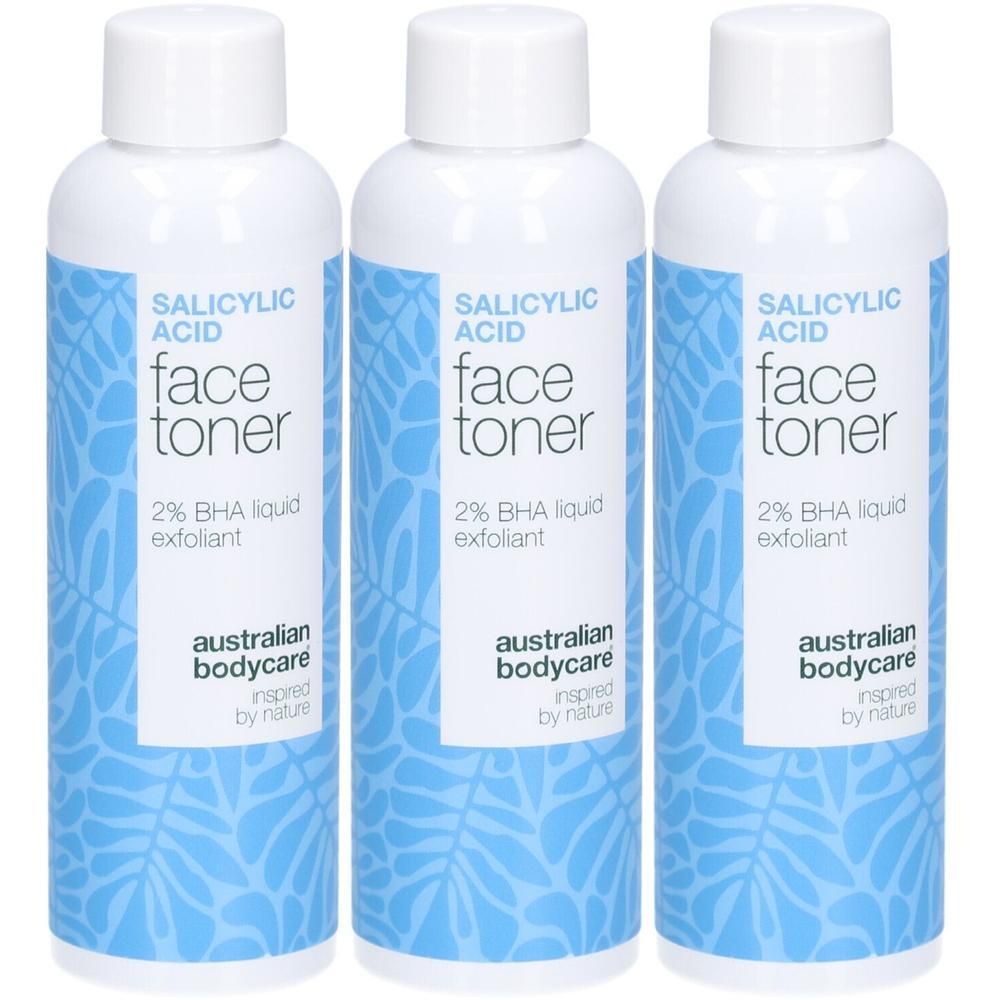 Drei weiße Flaschen mit weißem Deckel. Aufschrift: Salicylsäure, Gesichtswasser, 2% BHA-Flüssigkeit, Peeling. Marke: Australian Bodycare.