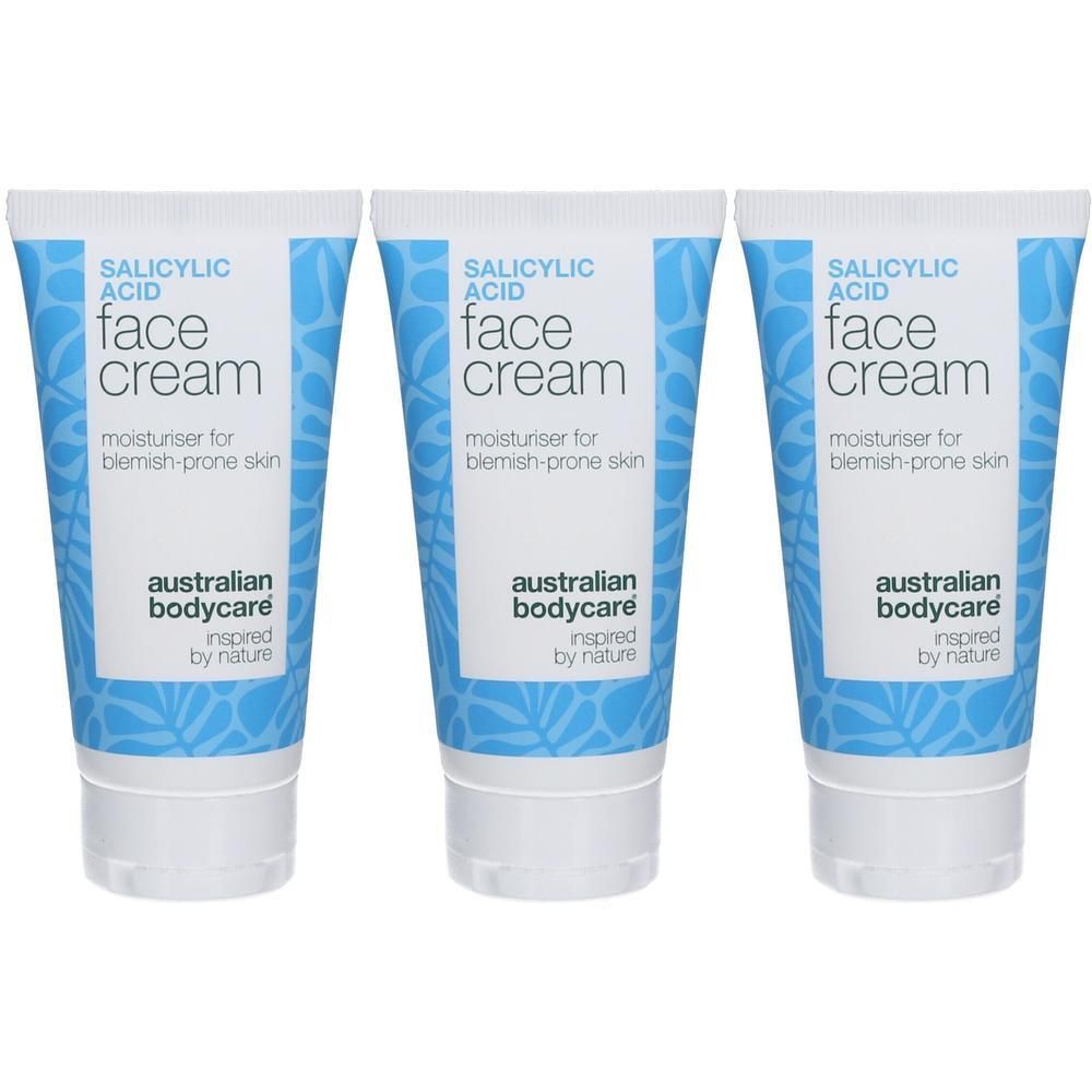 Trois tubes de crème pour le visage. Inscription : Acide salicylique, Face Cream, hydratant pour peau à imperfections. Marque : Australian Bodycare.