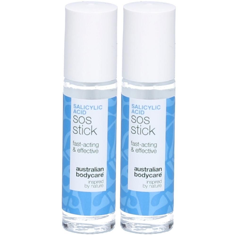 Zwei transparente Stifte mit weißem Deckel. Aufschrift: Salicylic Acid SOS stick, australian bodycare.