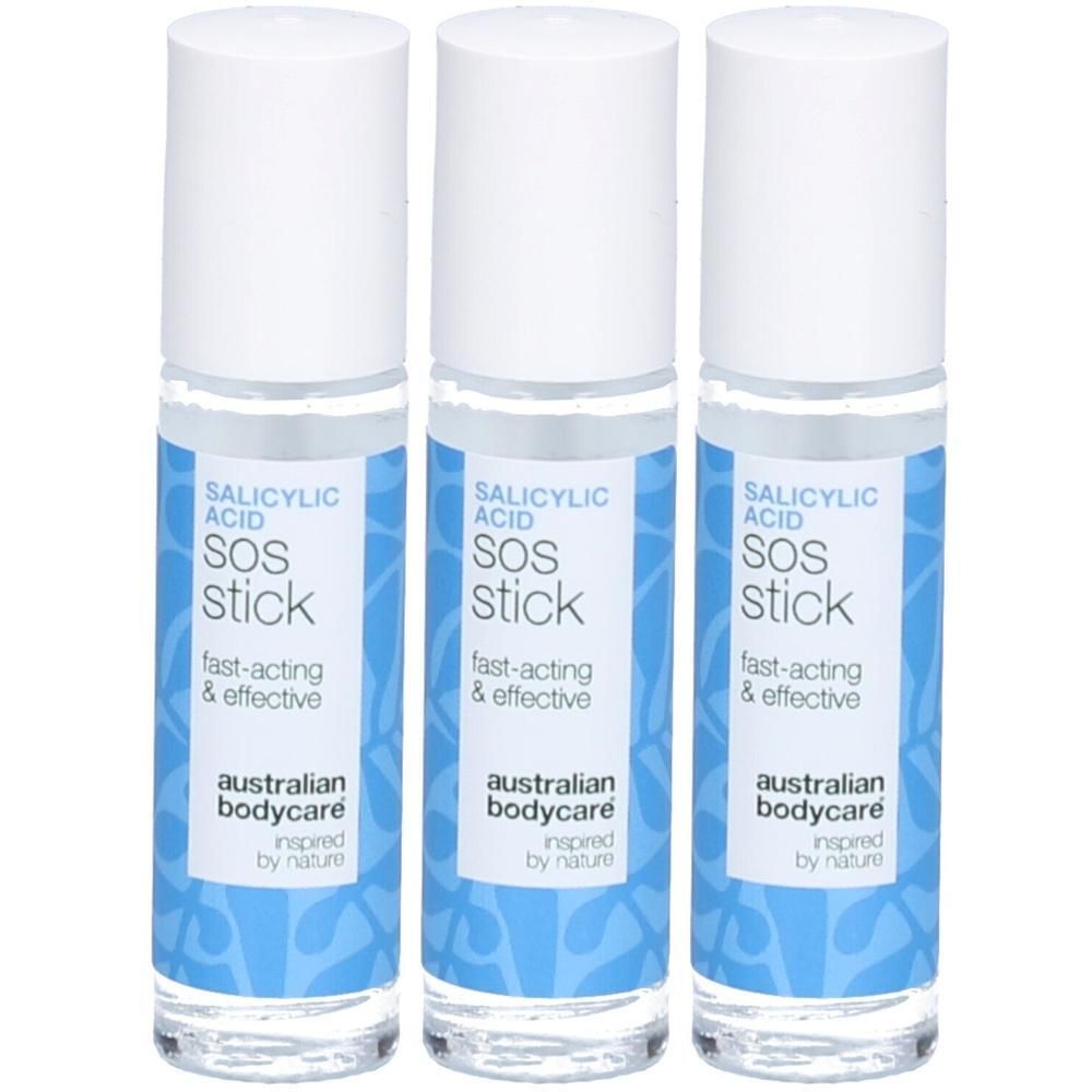 Trois sticks SOS à l'acide salicylique. Bouchon blanc, fond bleu avec texte: fast-acting & effective, australian bodycare.