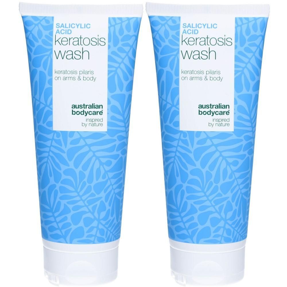 Zwei Tuben mit Salicylsäure-Keratosis-Waschmittel. Blaue Tuben mit weißem Aufdruck. Aufschrift: Australian Bodycare.