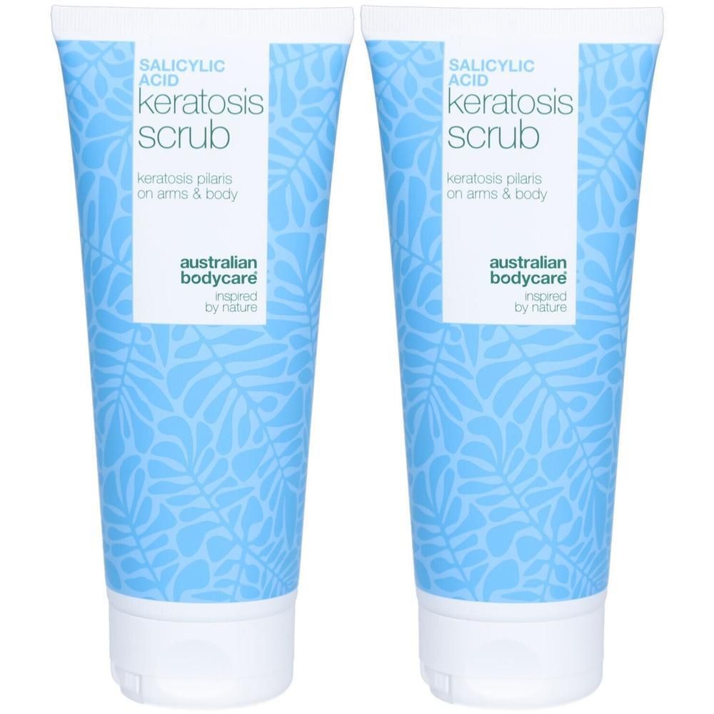 Zwei Tuben mit blauem Muster. Aufschrift: Salicylsäure Keratosis Scrub. Marke: Australian Bodycare.