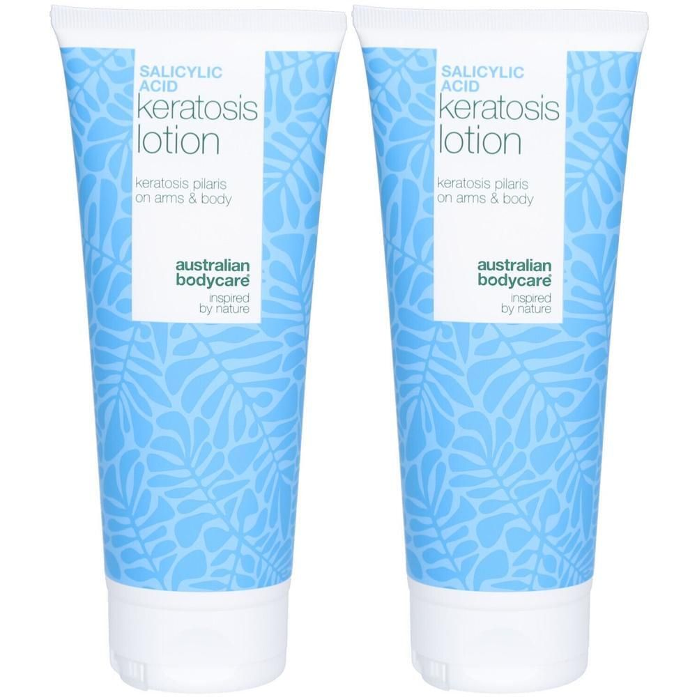 Deux tubes de lotion. Inscription: Salicylic Acid Keratosis Lotion. Marque: Australian Bodycare. Motif bleu clair.
