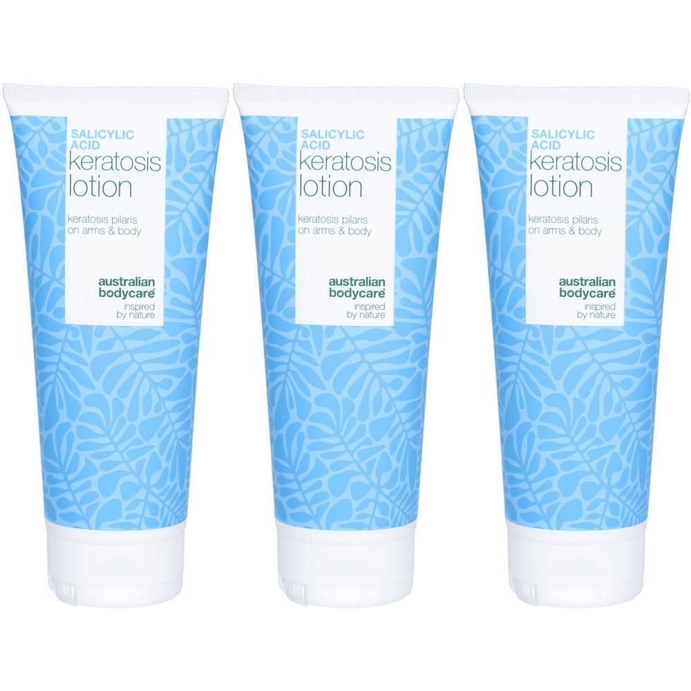 Trois tubes de lotion kératose à l'acide salicylique. Tubes bleus avec bouchons blancs. Inscription : Salicylsäure Keratosis Lotion, australian bodycare.
