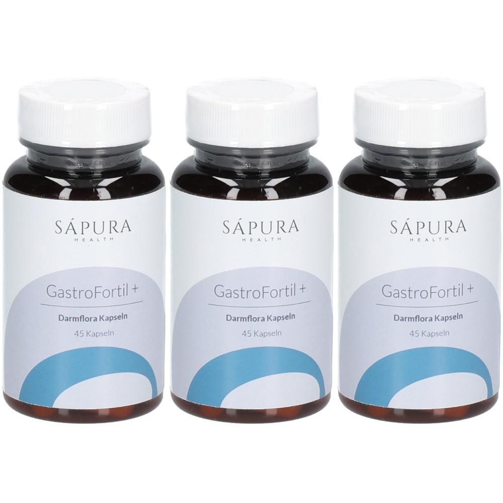Drei Flaschen SAPURA GastroFortil+ Darmflora Kapseln, 45 Kapseln pro Flasche.