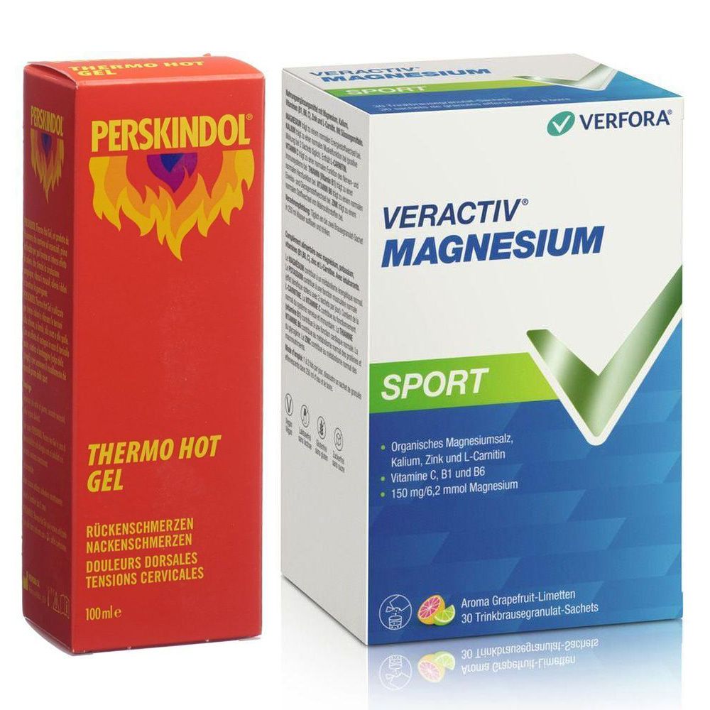 Zwei Produktverpackungen: Perskindol Thermo Hot Gel und Veractiv Magnesium Sport Sachets.