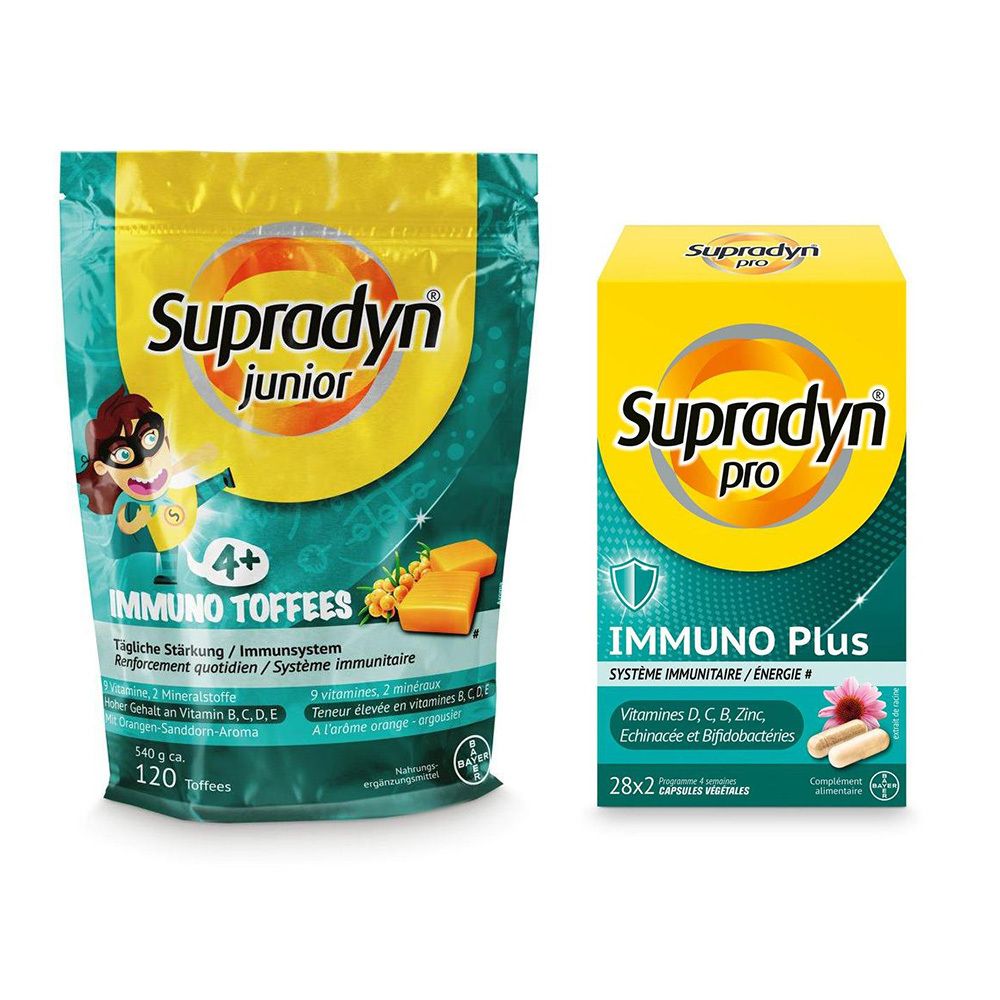Supradyn Junior Immuno Toffees und Supradyn Pro Immuno Plus Packung.