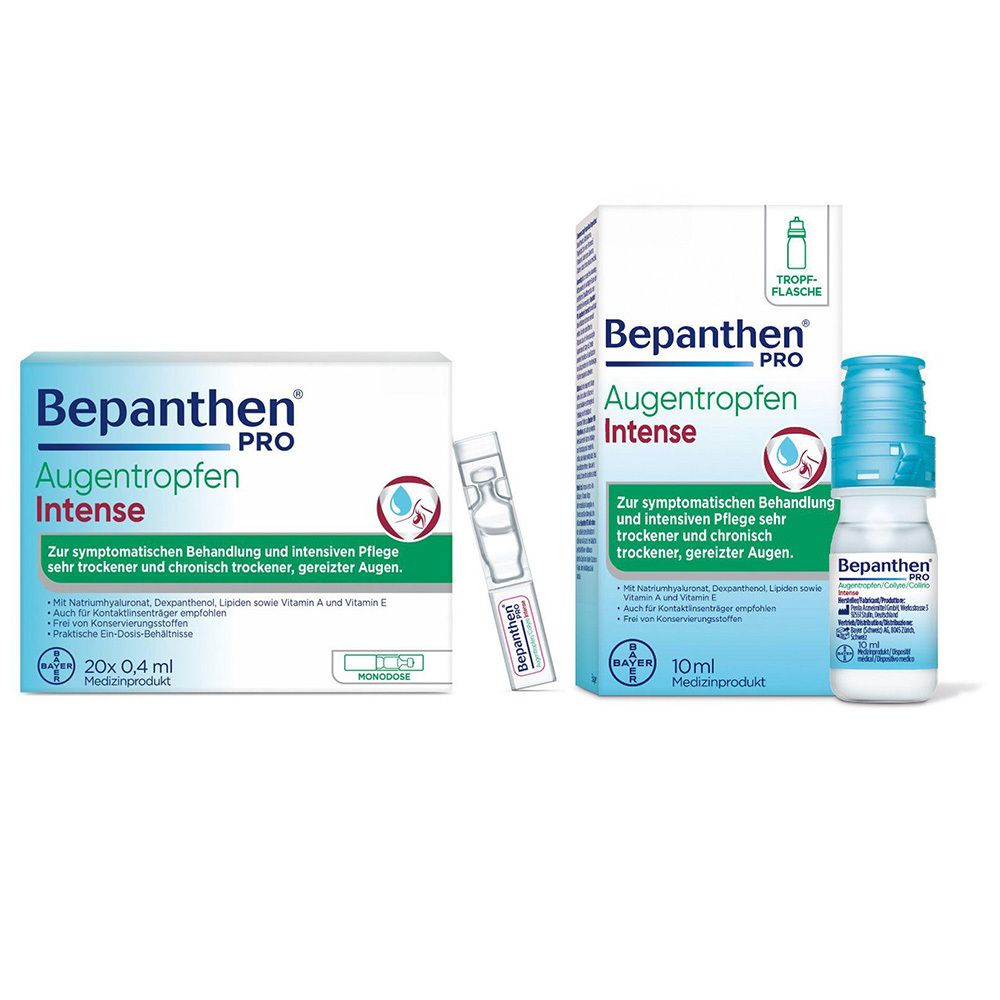 Bepanthen PRO Augentropfen Intense: 10ml Flasche und 20x0.4ml Ampullen.