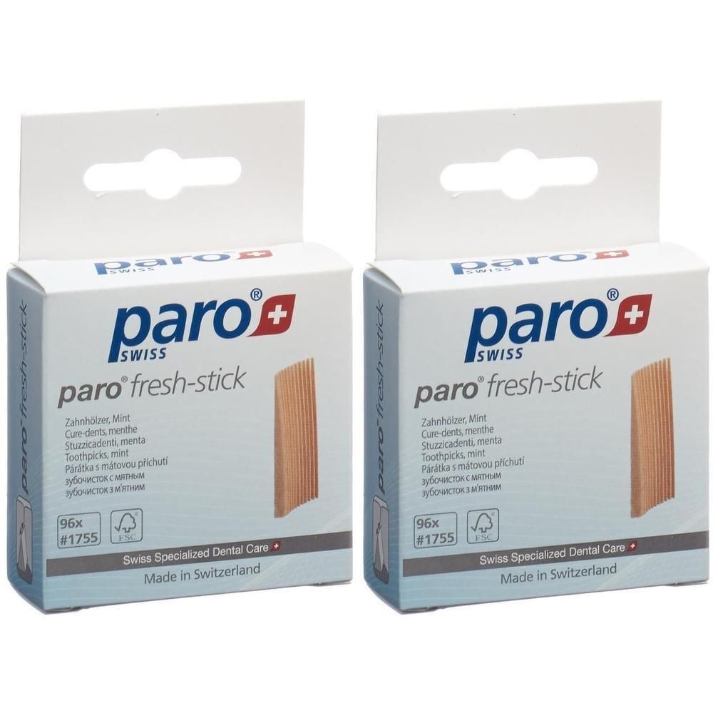 Zwei Packungen Paro Fresh-Stick Zahnseide-Sticks mit Minzgeschmack. Hergestellt in der Schweiz.