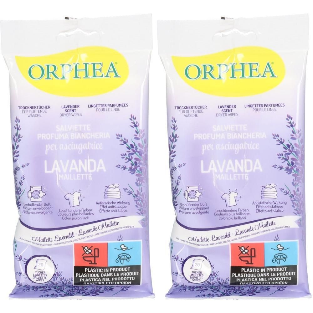Zwei Packungen Orphea Lavendel Dufttücher für den Wäschetrockner.