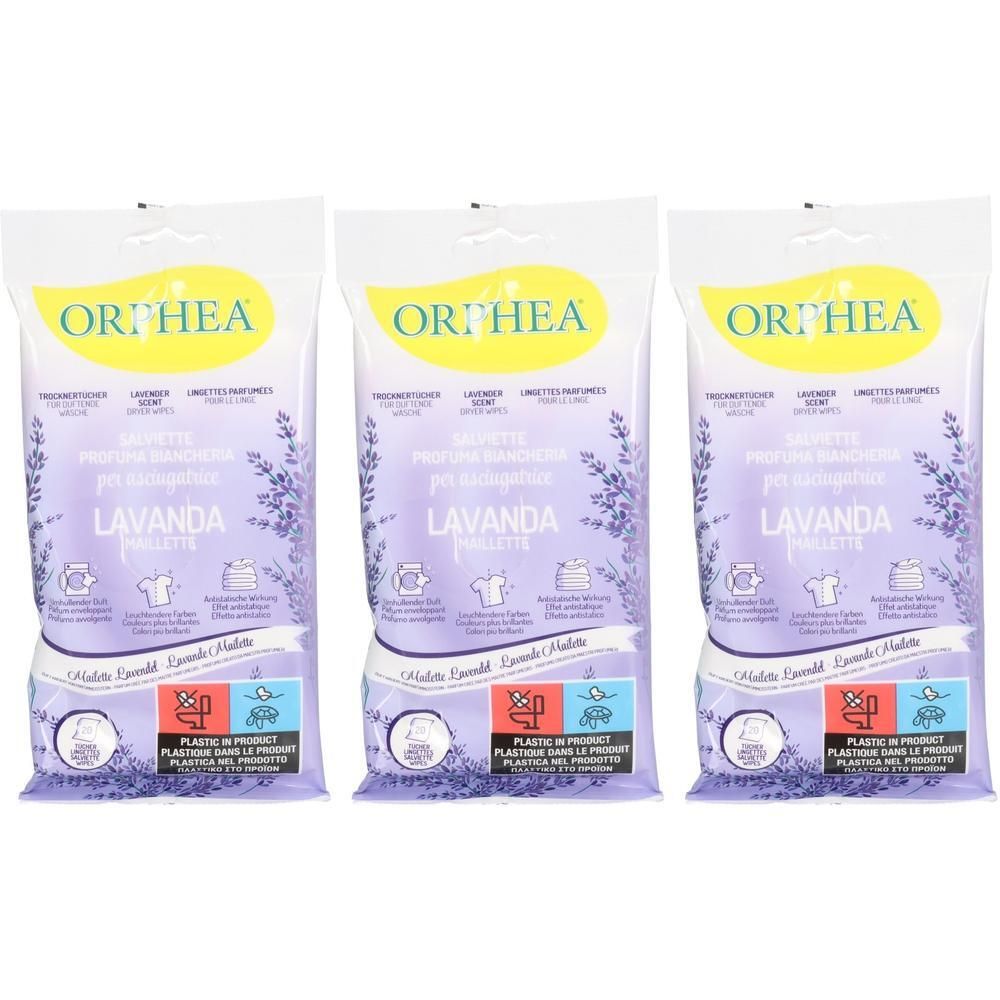 Drei Orphea Lavanda Duftbeutel für Schubladen mit Lavendelmotiv.