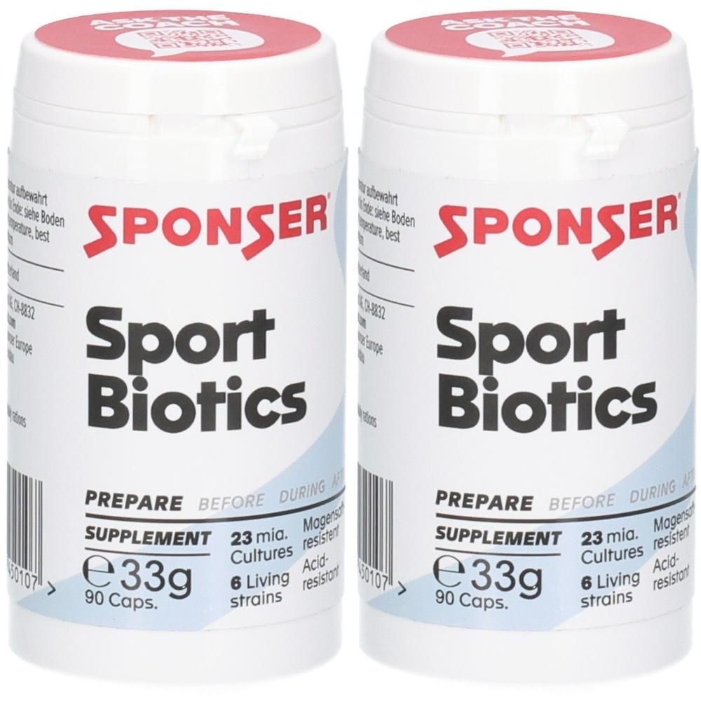 Zwei Dosen Sponser Sport Biotics Kapseln.