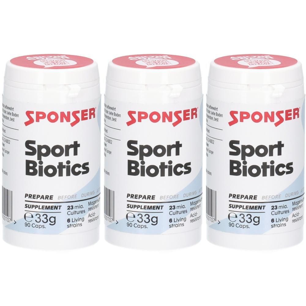 Drei Dosen Sponser Sport Biotics, 33g, 90 Kapseln.