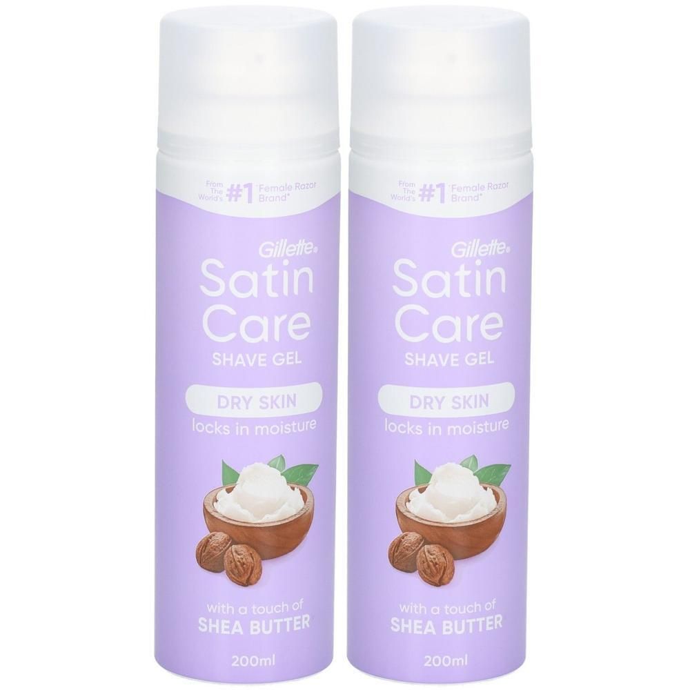 Zwei Flaschen Gillette Satin Care Rasiergel für trockene Haut mit Sheabutter.