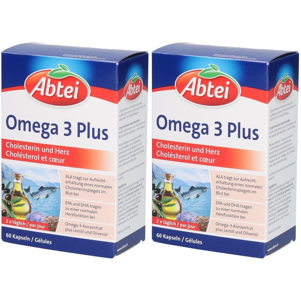 Zwei Abtei Omega 3 Plus Kapseln Schachteln mit Bild von Oliven und Meer.