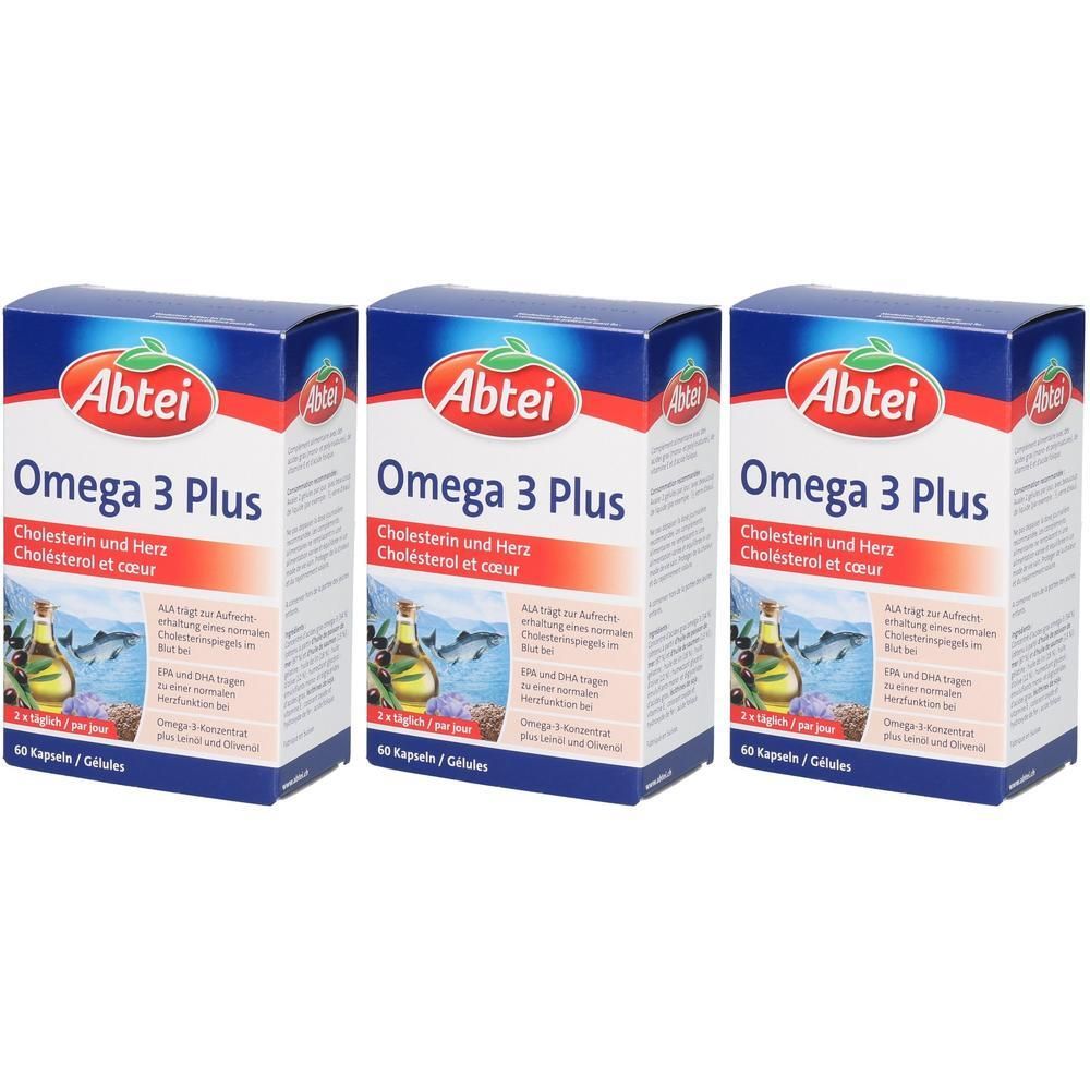 Drei Packungen Abtei Omega 3 Plus Kapseln mit Bild einer Ölflasche und Landschaft.