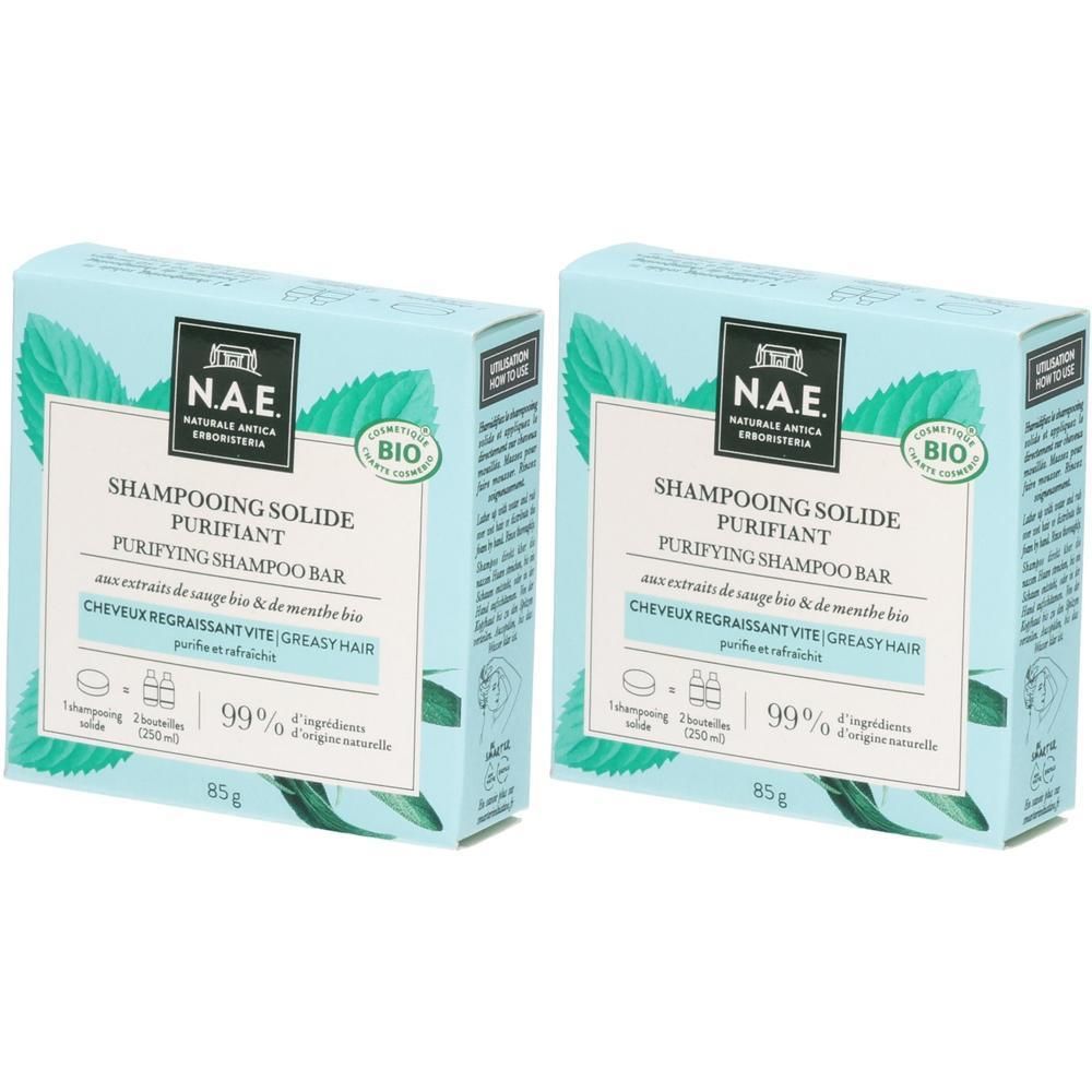Zwei NAE Bio festes Shampoo für fettiges Haar, 85g.