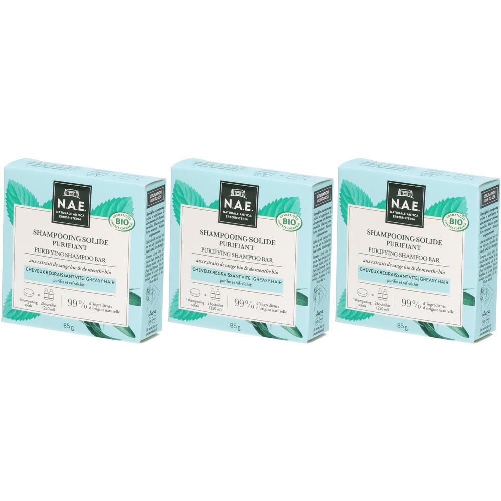 Drei Schachteln festes Shampoo der Marke NAE, mit Bio-Siegel.