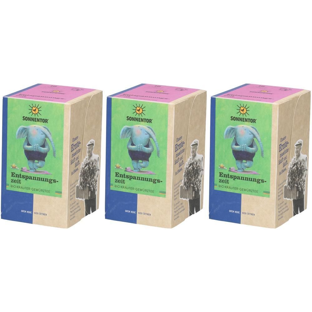 Drei Schachteln Sonnentor Entspannungszeit Kräutertee.