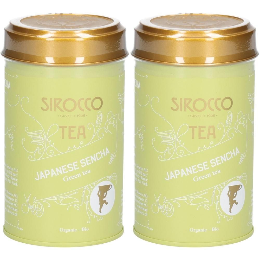 Zwei Sirocco Japanese Sencha Grüne Tee Dosen mit goldenem Deckel.